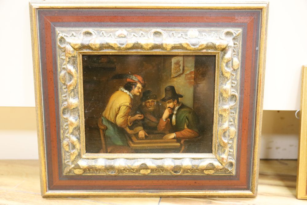 19th century German School, oil on zinc, 17th century tavern interior, 15 x 20cm